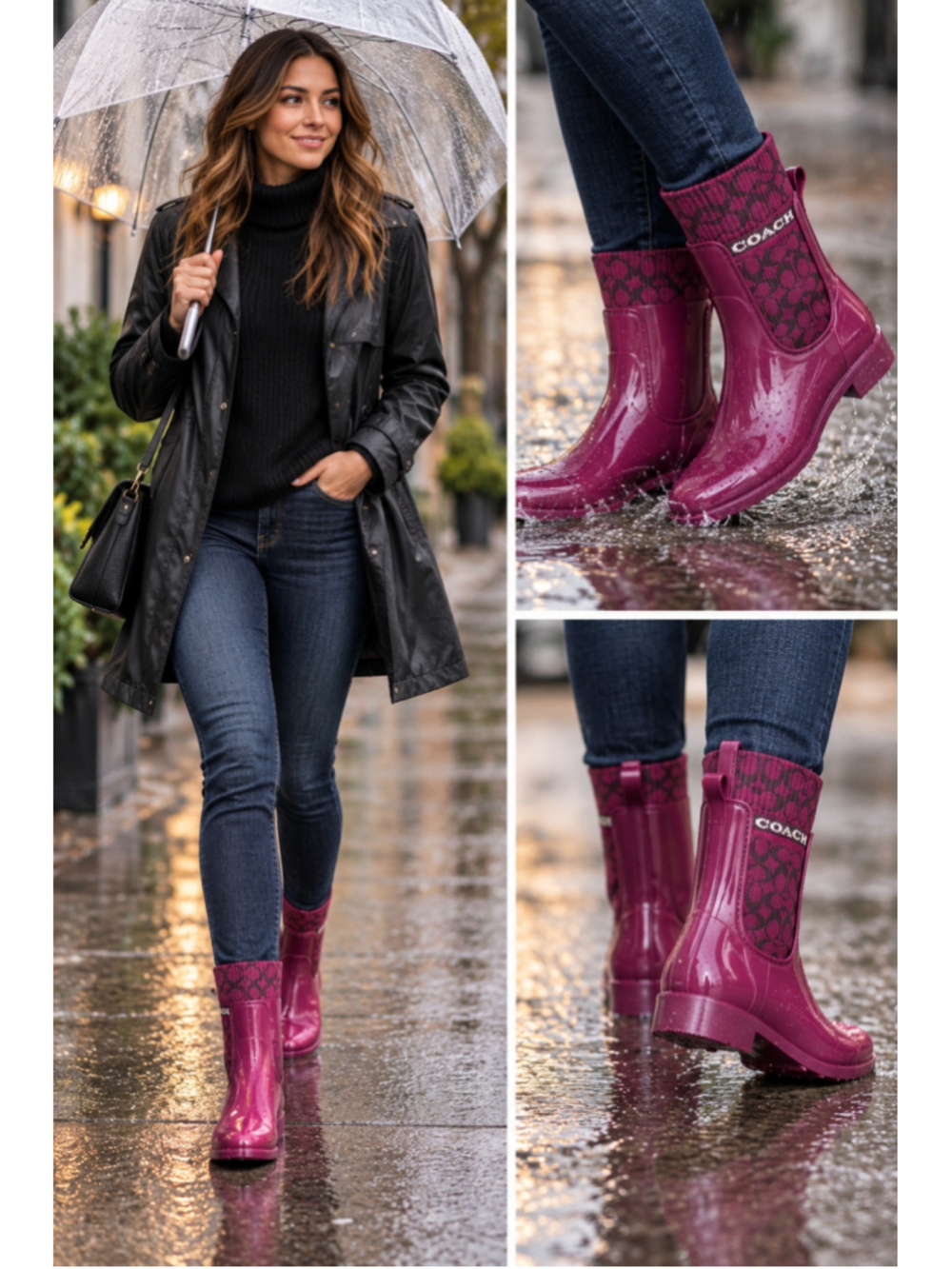 Coach Rivington Rain Booties G5254 Magenta Signature Rubber Rain Boots Sz 7B